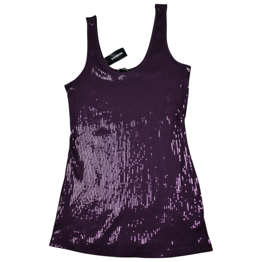 Express Sequin Tank Top Large Y2K Ribbed Knit Cotton Purple Summer 2000s Glam